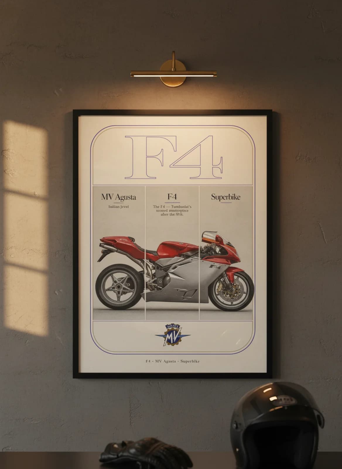 F4 MotoGP Legends print in black A2 frame on mv-agusta-red charcoal garage wall — motorcycle lounge mockup