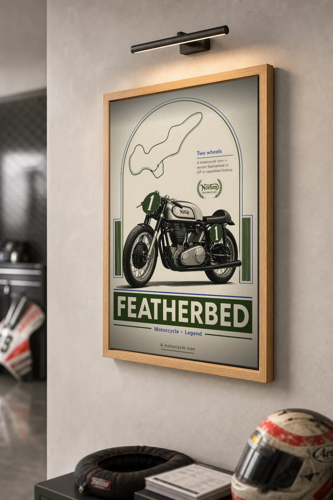Norton FEATHERBED Poster — Heritage MotoGP Legends Motorcycle Wall Art · framed A2 — the framed print shown at a three-quarter angle on a styled gallery wall in a natural-oak frame