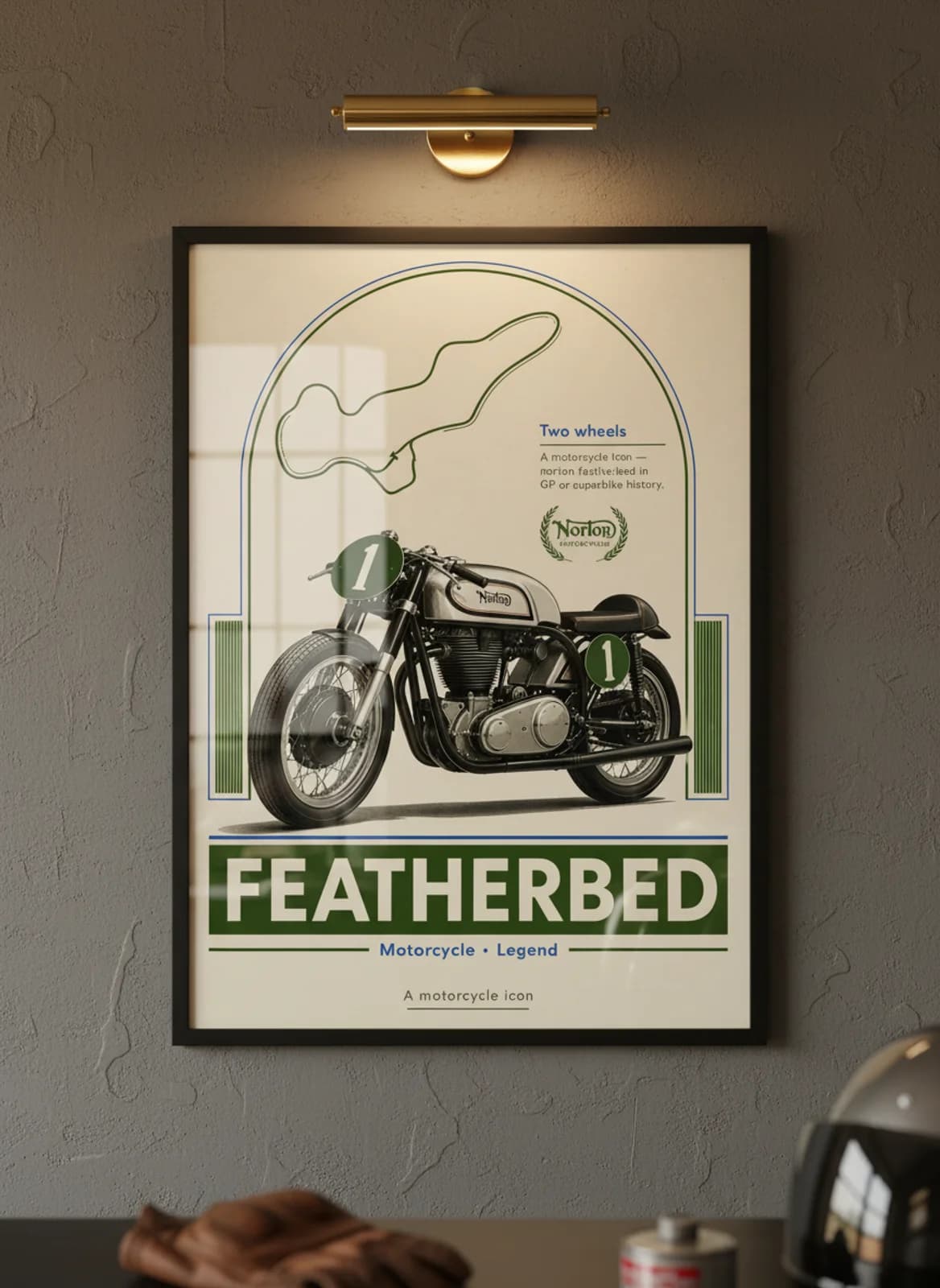 FEATHERBED MotoGP Legends print in black A2 frame on norton-silver charcoal garage wall — motorcycle lounge mockup