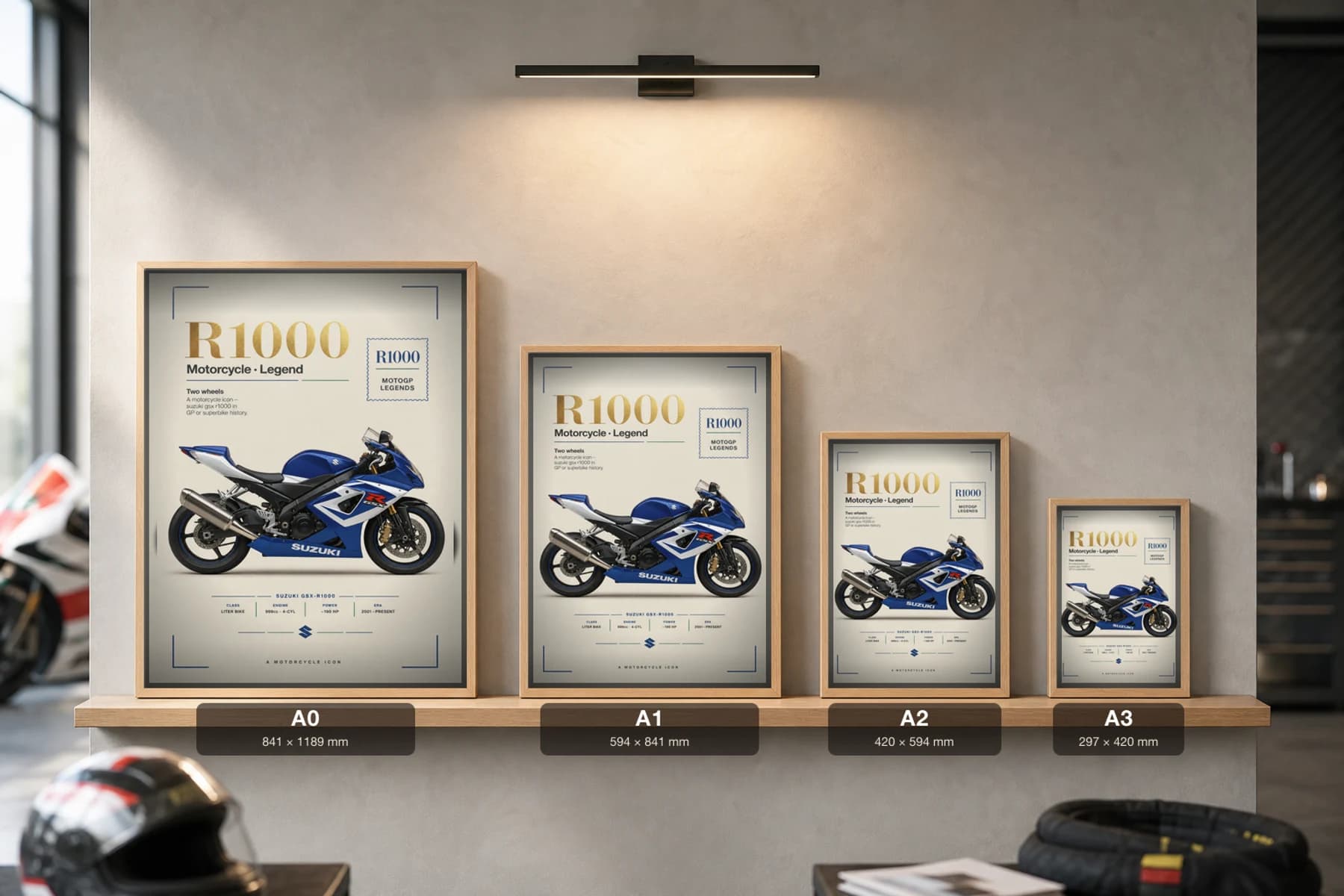 Suzuki GSX R1000 Poster — Heritage MotoGP Legends Motorcycle Wall Art · framed A2 — print size guide showing the artwork at A0, A1, A2 and A3 in natural-oak frames at true relative scale