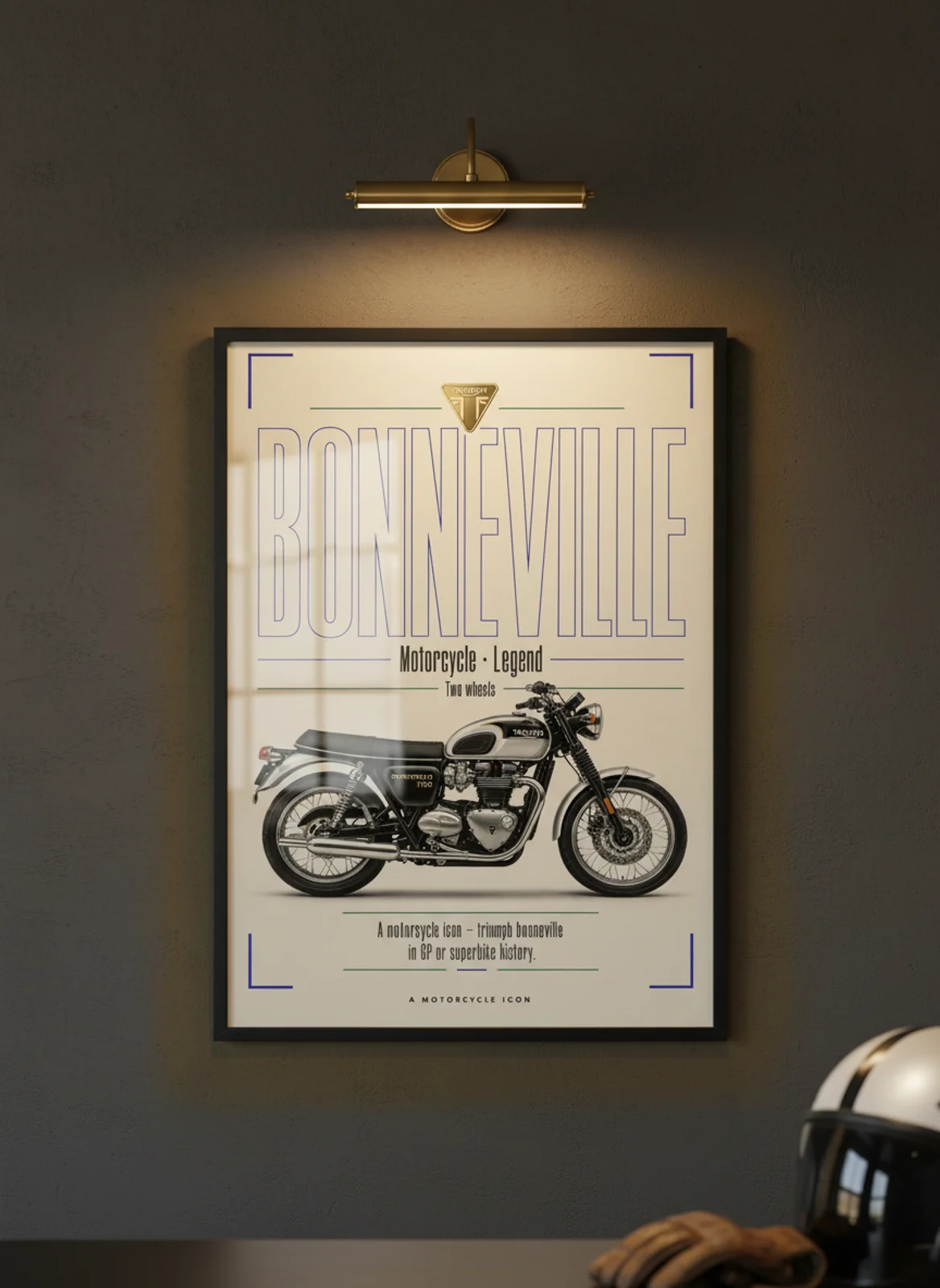 BONNEVILLE MotoGP Legends print in black A2 frame on triumph-black-gold charcoal garage wall — motorcycle lounge mockup