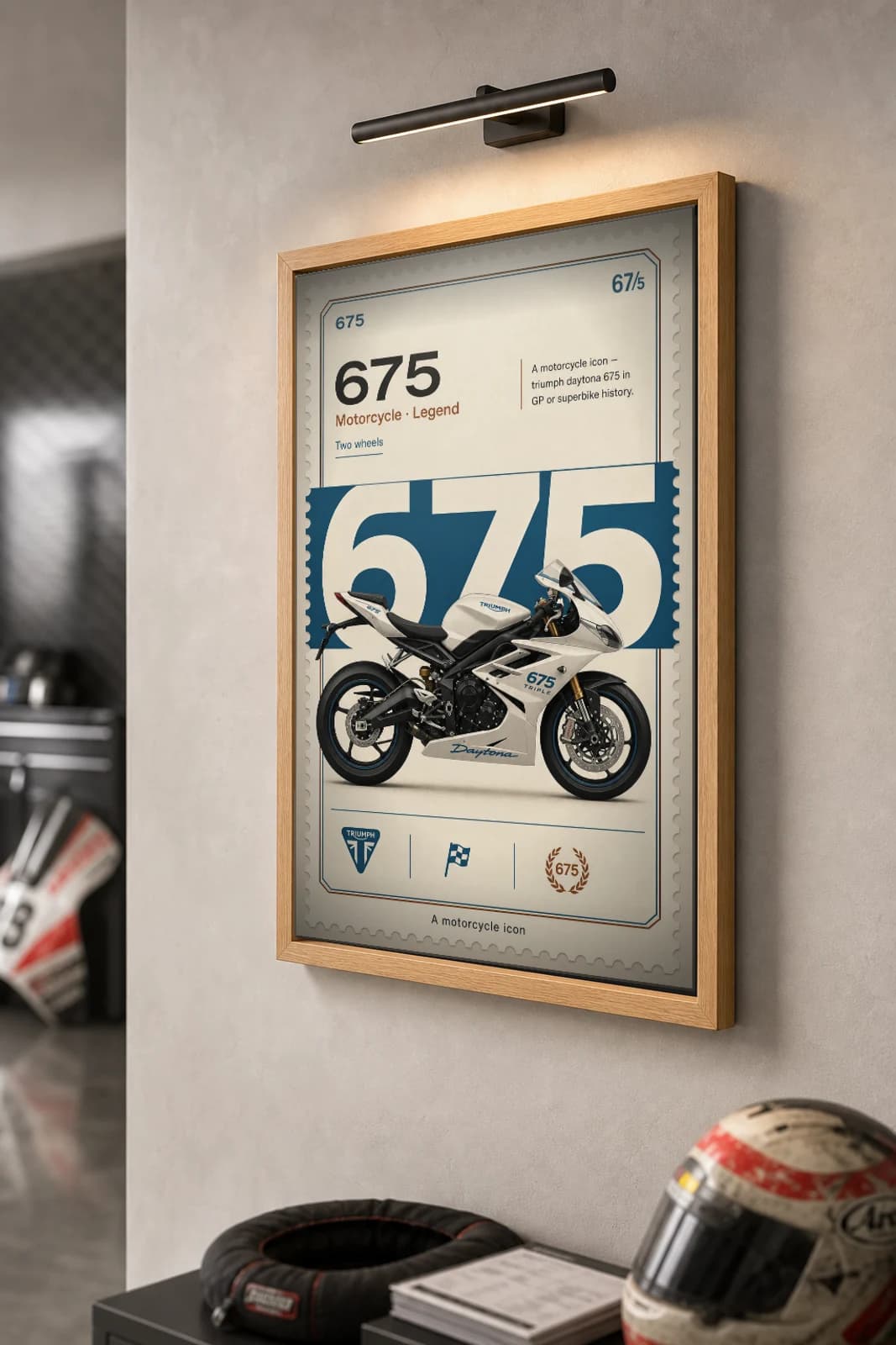 Triumph DAYTONA 675 Poster — Heritage MotoGP Legends Motorcycle Wall Art · framed A2 — the framed print shown at a three-quarter angle on a styled gallery wall in a natural-oak frame