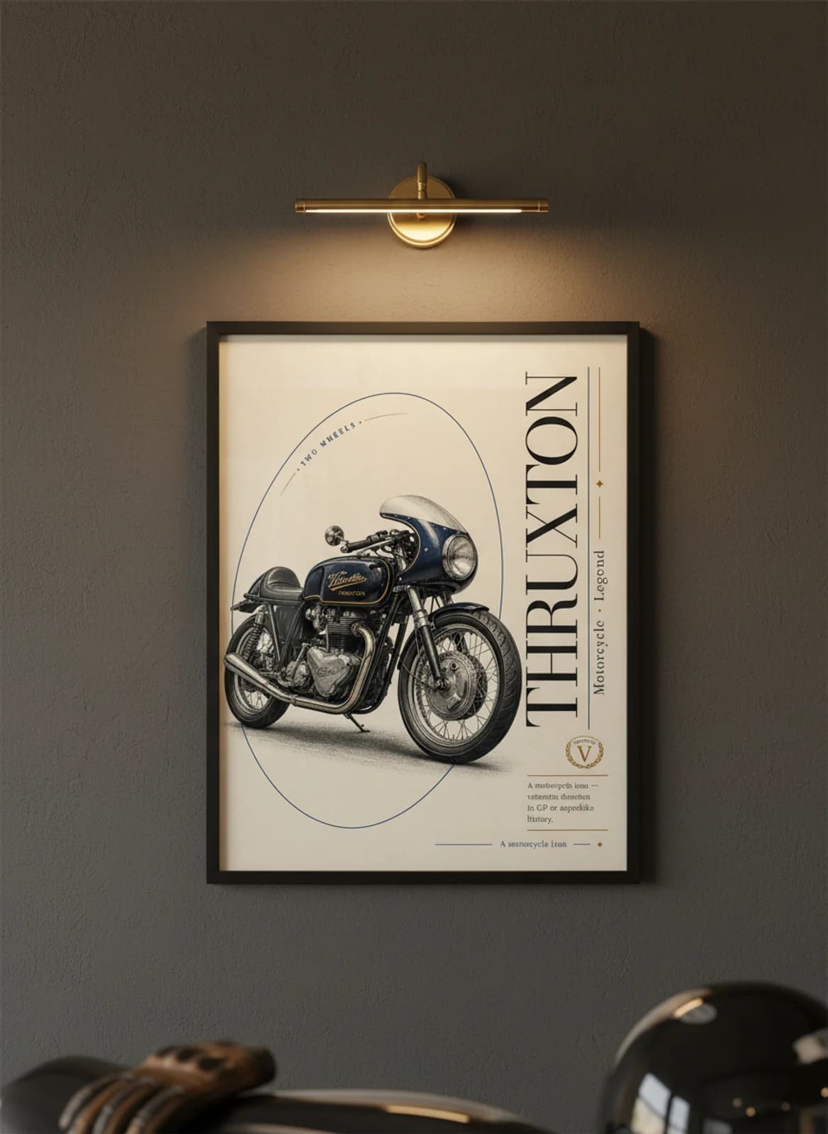 THRUXTON MotoGP Legends print in black A2 frame on velocette-blue charcoal garage wall — motorcycle lounge mockup