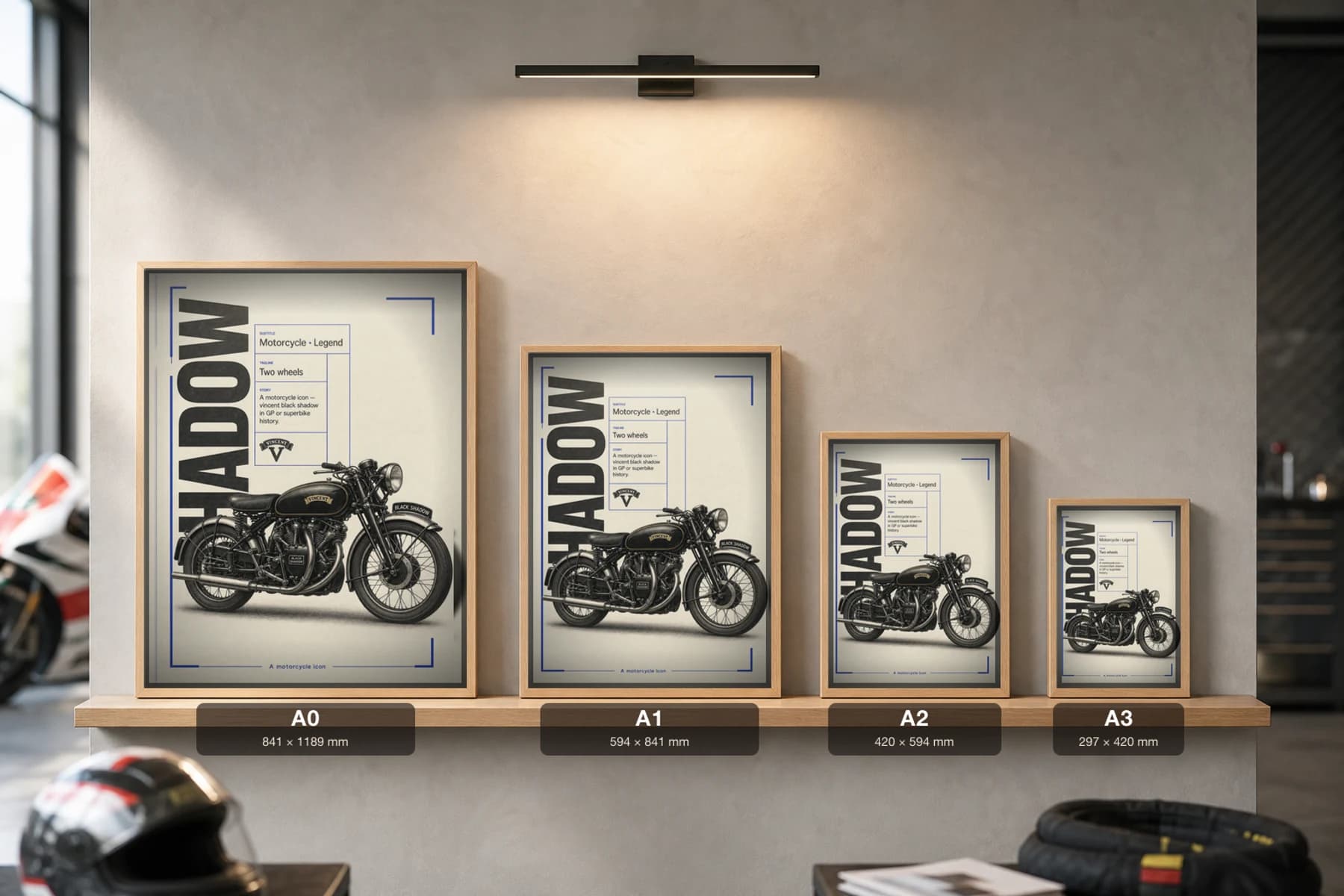 Vincent BLACK SHADOW Poster — Heritage MotoGP Legends Motorcycle Wall Art · framed A2 — print size guide showing the artwork at A0, A1, A2 and A3 in natural-oak frames at true relative scale