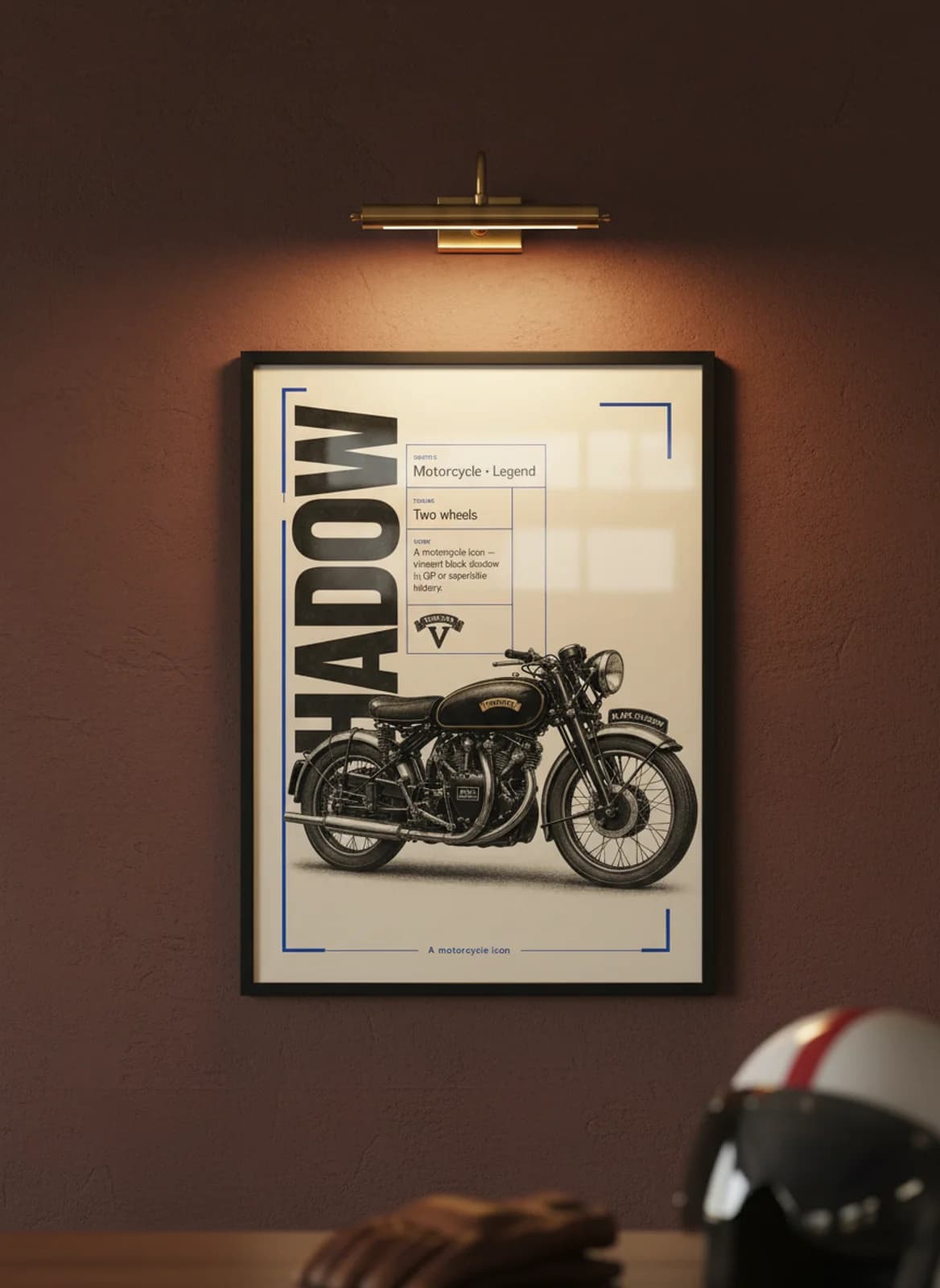 SHADOW MotoGP Legends print in black A2 frame on vincent-black charcoal garage wall — motorcycle lounge mockup