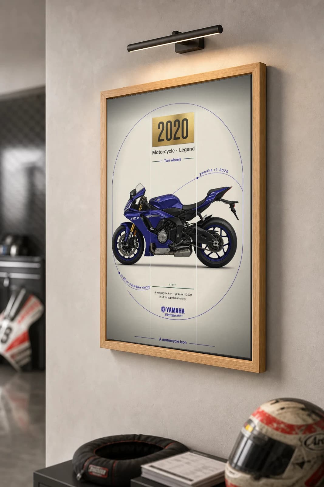 Yamaha R1 2020 Poster — 2020 MotoGP Legends Motorcycle Wall Art · framed A2 — the framed print shown at a three-quarter angle on a styled gallery wall in a natural-oak frame