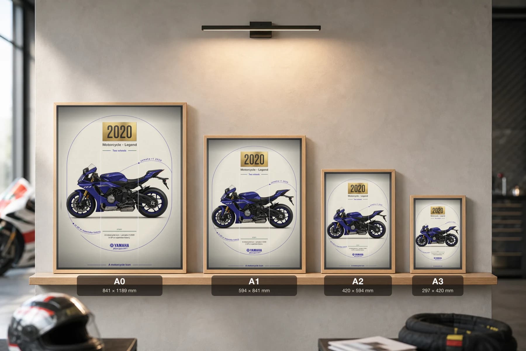 Yamaha R1 2020 Poster — 2020 MotoGP Legends Motorcycle Wall Art · framed A2 — print size guide showing the artwork at A0, A1, A2 and A3 in natural-oak frames at true relative scale