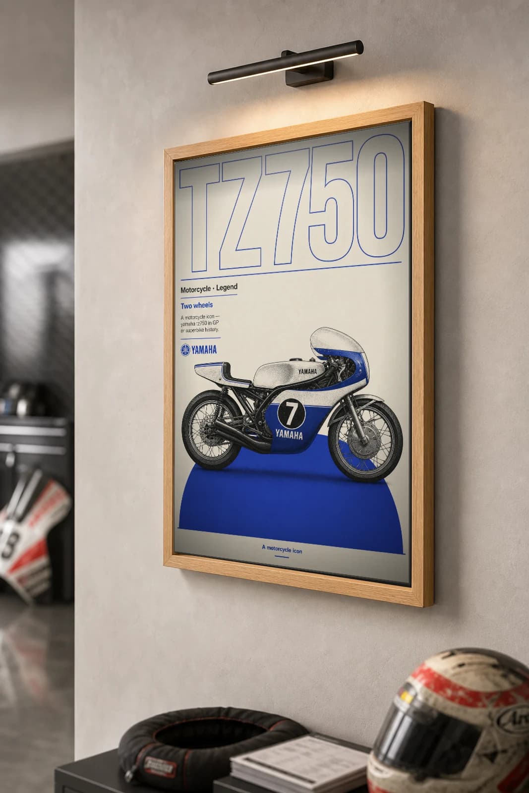 Yamaha TZ750 Poster — Heritage MotoGP Legends Motorcycle Wall Art · framed A2 — the framed print shown at a three-quarter angle on a styled gallery wall in a natural-oak frame