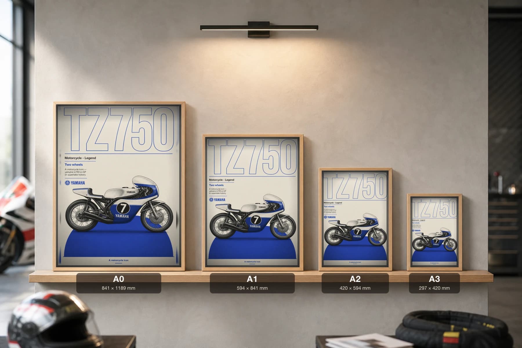 Yamaha TZ750 Poster — Heritage MotoGP Legends Motorcycle Wall Art · framed A2 — print size guide showing the artwork at A0, A1, A2 and A3 in natural-oak frames at true relative scale
