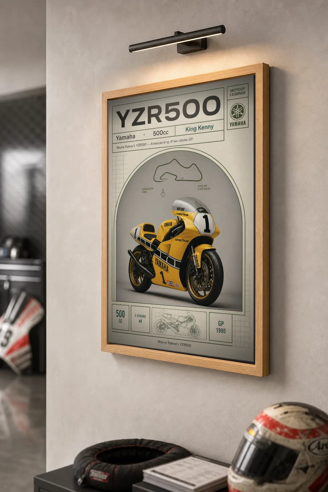 Yamaha YZR500 — Wayne Rainey Poster — Heritage MotoGP Legends Motorcycle Wall Art · framed A2 — the framed print shown at a three-quarter angle on a styled gallery wall in a natural-oak frame