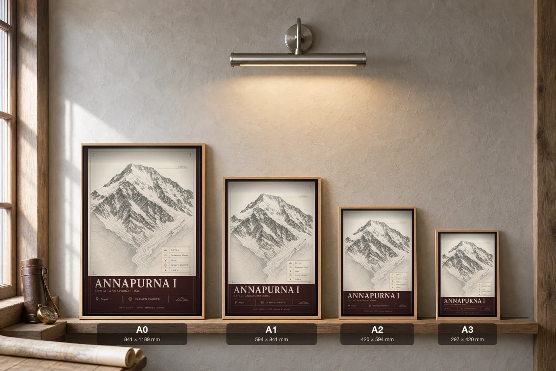 Annapurna I Poster — 8,091 m Peak Atlas Specimen Print · framed A2 — print size guide showing the artwork at A0, A1, A2 and A3 in natural-oak frames at true relative scale