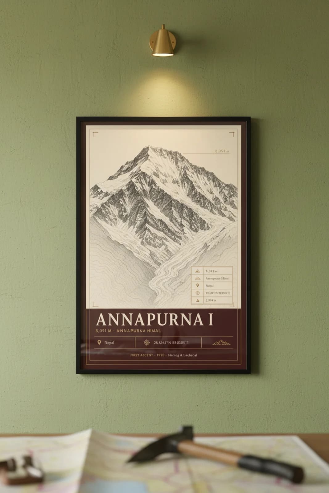 Annapurna I — Mountain Peaks poster in black A2 frame on annapurna-i-summit-wash alpine plaster wall — Mountain Peaks study mockup