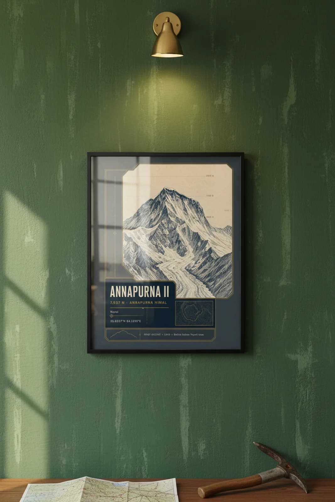 Annapurna II — Mountain Peaks poster in black A2 frame on annapurna-ii-summit-wash alpine plaster wall — Mountain Peaks study mockup