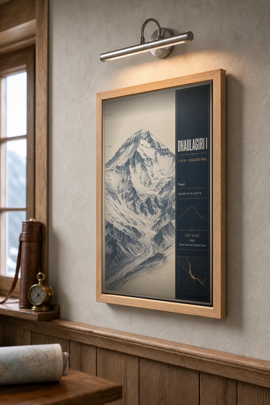 Dhaulagiri I Poster — 8,167 m Peak Atlas Specimen Print · framed A2 — the framed print shown at a three-quarter angle on a styled gallery wall in a natural-oak frame