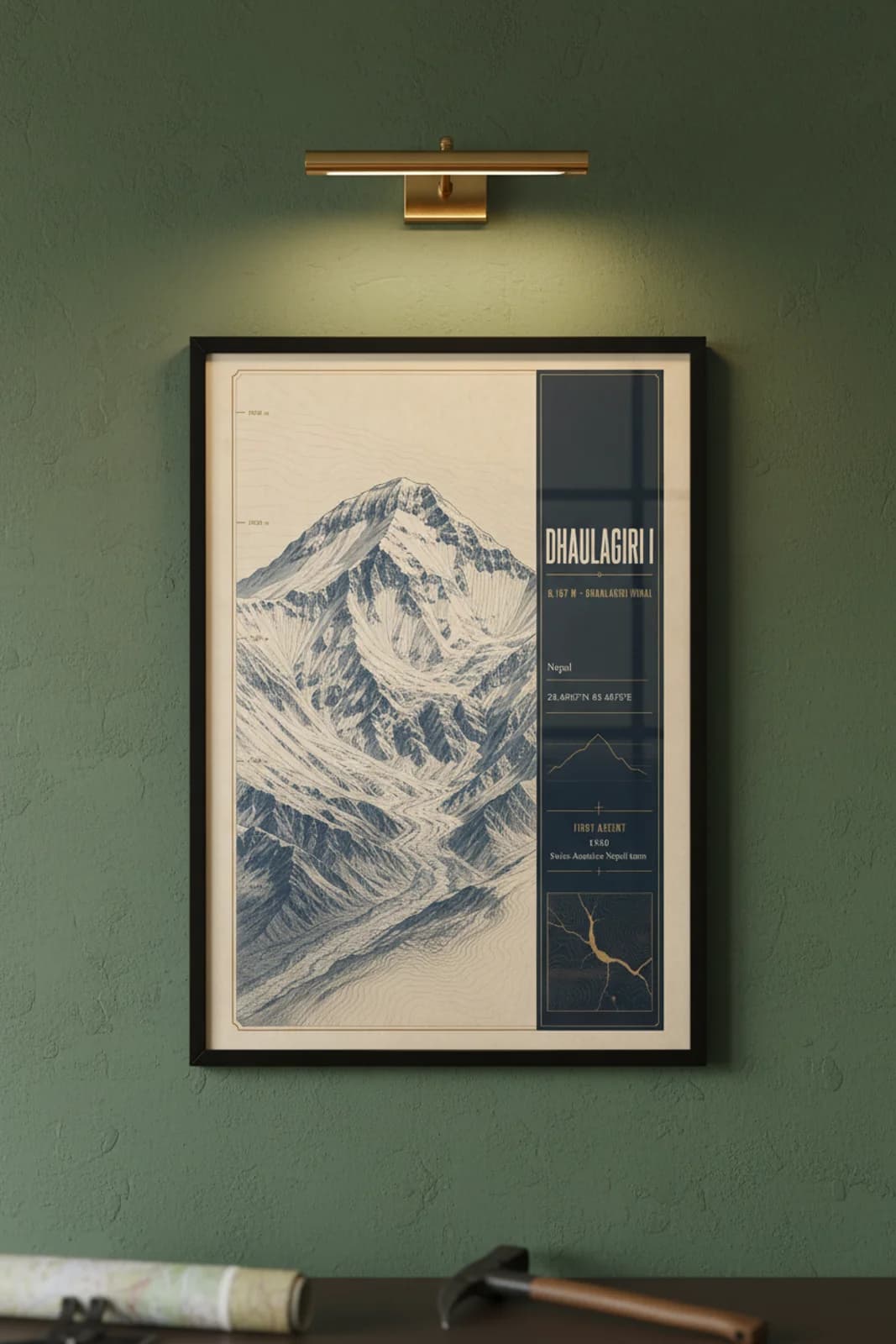 Dhaulagiri I — Mountain Peaks poster in black A2 frame on dhaulagiri-i-summit-wash alpine plaster wall — Mountain Peaks study mockup