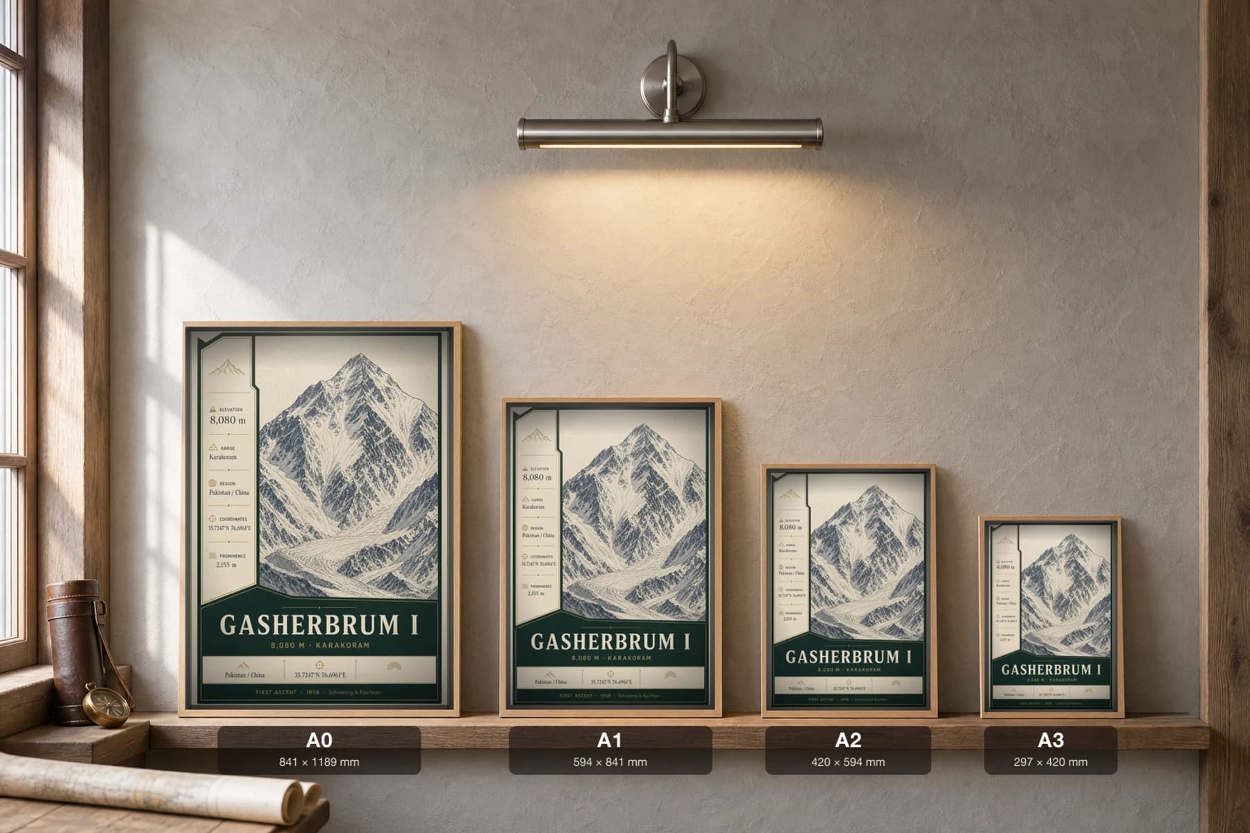 Gasherbrum I Poster — 8,080 m Peak Atlas Specimen Print · framed A2 — print size guide showing the artwork at A0, A1, A2 and A3 in natural-oak frames at true relative scale