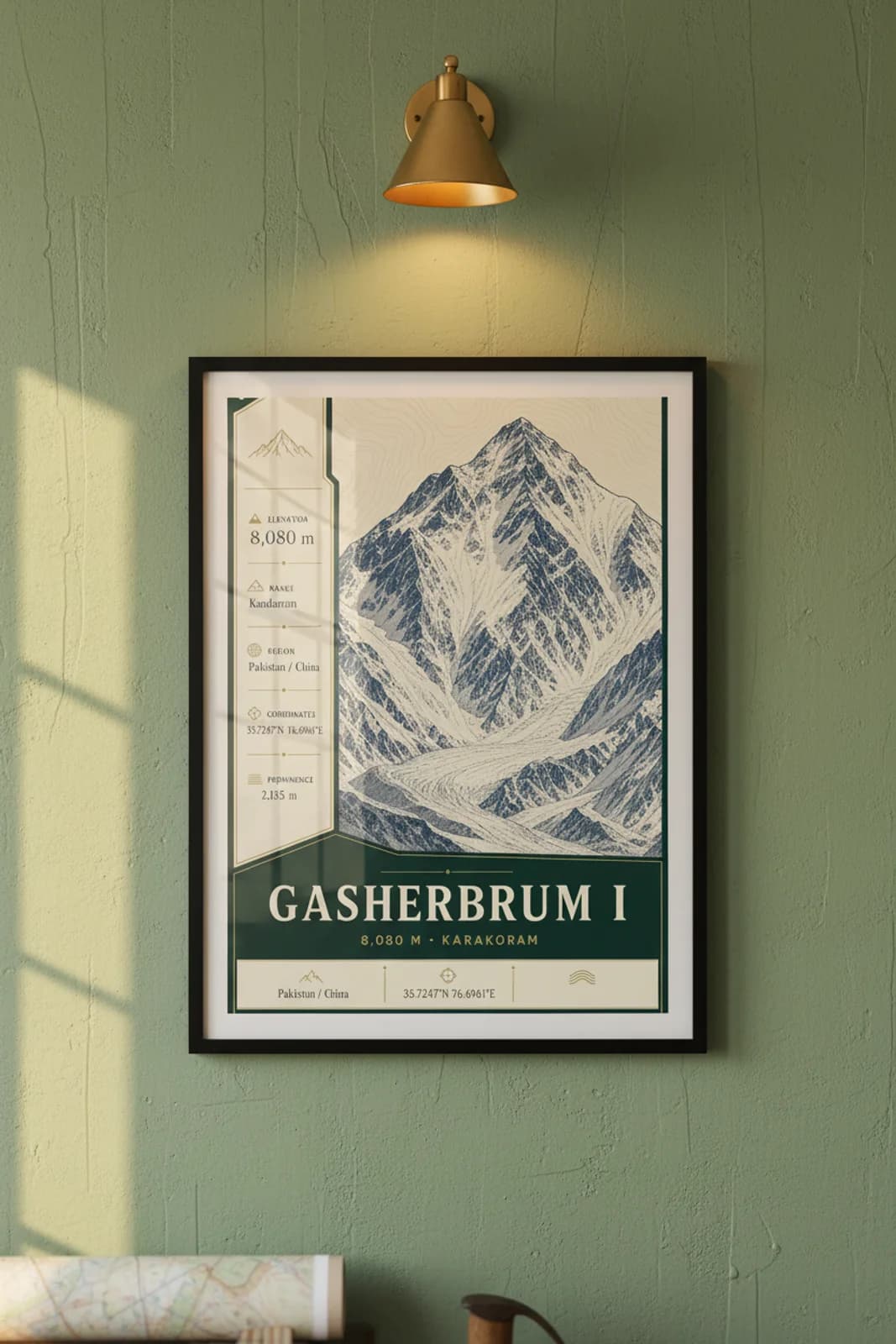 Gasherbrum I — Mountain Peaks poster in black A2 frame on gasherbrum-i-summit-wash alpine plaster wall — Mountain Peaks study mockup