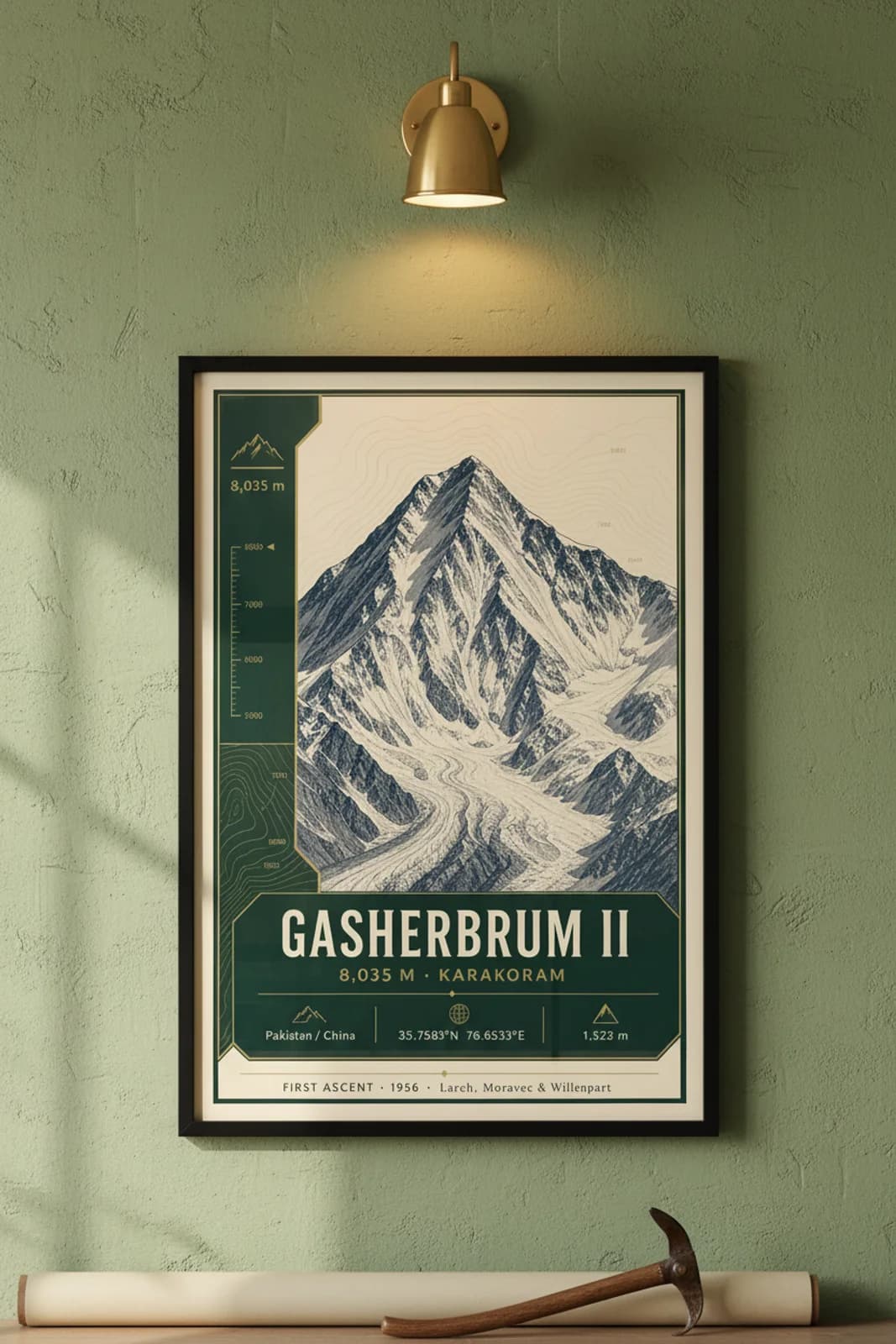 Gasherbrum II — Mountain Peaks poster in black A2 frame on gasherbrum-ii-summit-wash alpine plaster wall — Mountain Peaks study mockup