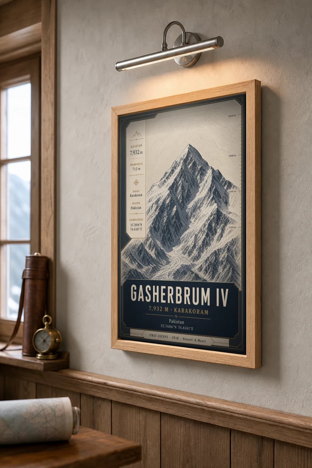 Gasherbrum IV Poster — 7,932 m Peak Atlas Specimen Print · framed A2 — the framed print shown at a three-quarter angle on a styled gallery wall in a natural-oak frame