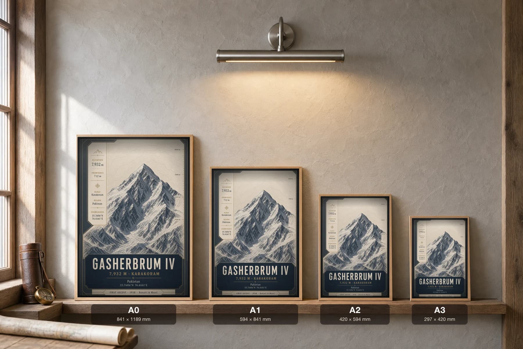 Gasherbrum IV Poster — 7,932 m Peak Atlas Specimen Print · framed A2 — print size guide showing the artwork at A0, A1, A2 and A3 in natural-oak frames at true relative scale