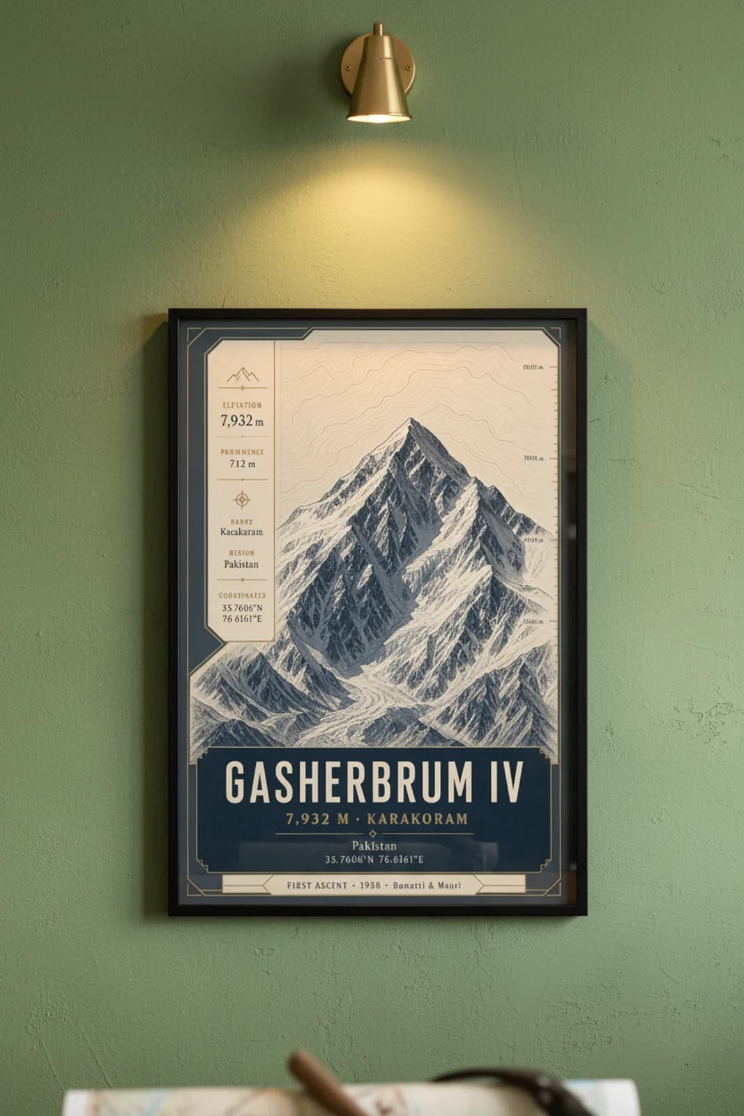 Gasherbrum IV — Mountain Peaks poster in black A2 frame on gasherbrum-iv-summit-wash alpine plaster wall — Mountain Peaks study mockup