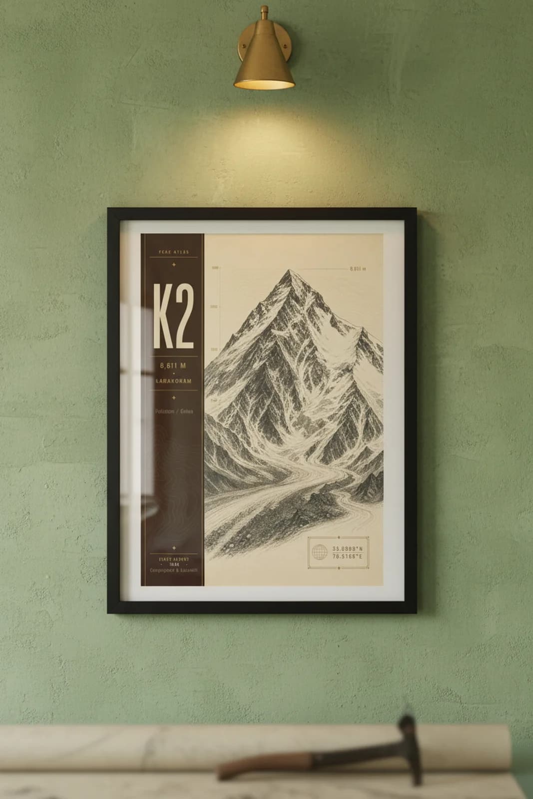 K2 — Mountain Peaks poster in black A2 frame on k2-summit-wash alpine plaster wall — Mountain Peaks study mockup