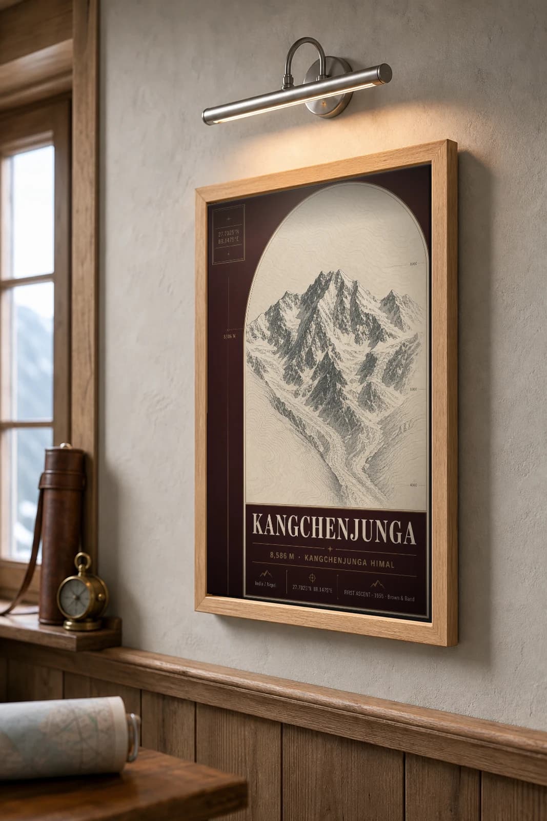 Kangchenjunga Poster — 8,586 m Peak Atlas Specimen Print · framed A2 — the framed print shown at a three-quarter angle on a styled gallery wall in a natural-oak frame