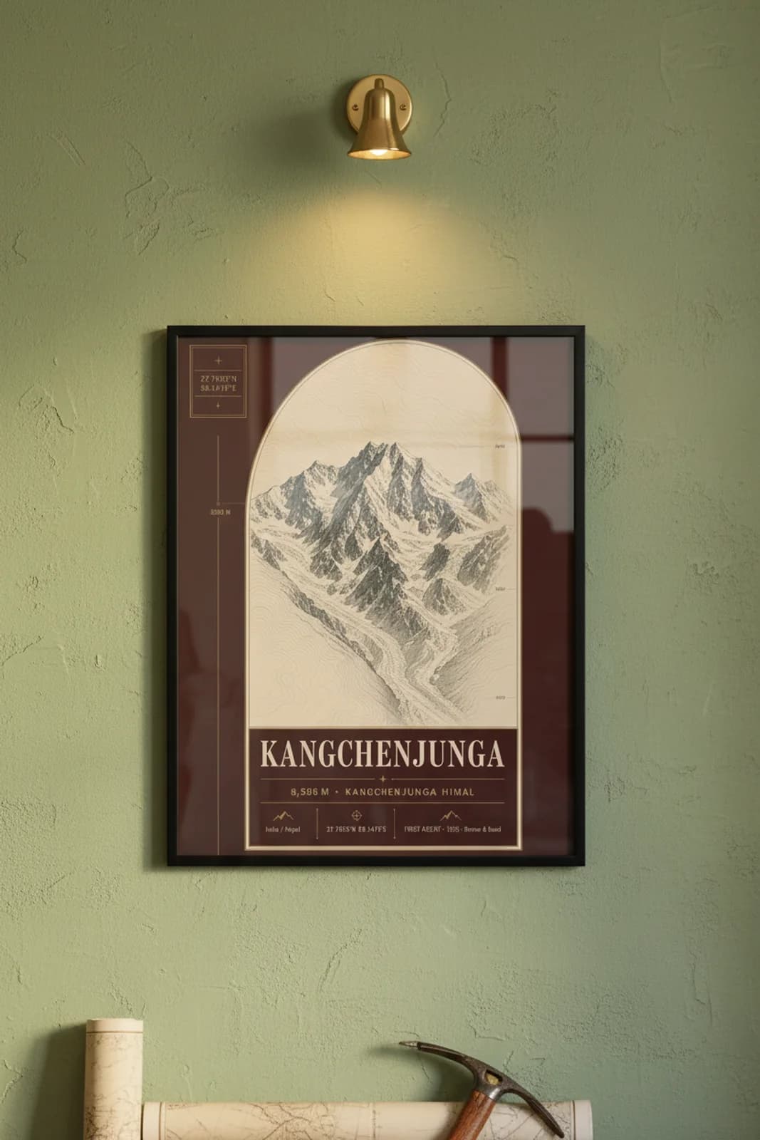 Kangchenjunga — Mountain Peaks poster in black A2 frame on kangchenjunga-summit-wash alpine plaster wall — Mountain Peaks study mockup