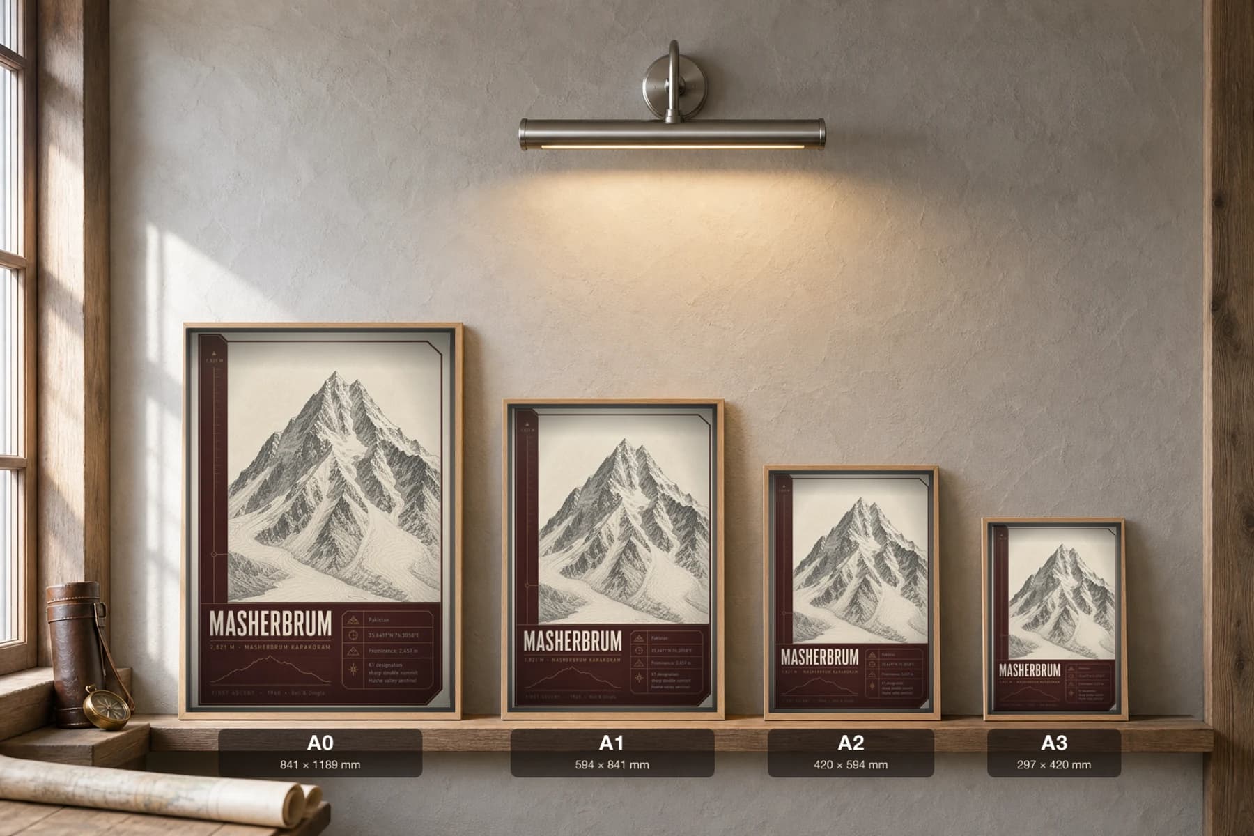 Masherbrum Poster — 7,821 m Peak Atlas Specimen Print · framed A2 — print size guide showing the artwork at A0, A1, A2 and A3 in natural-oak frames at true relative scale
