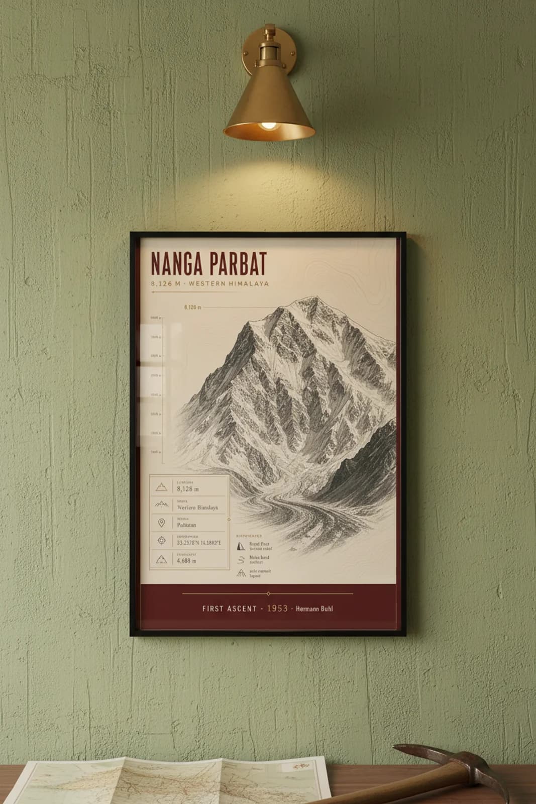 Nanga Parbat — Mountain Peaks poster in black A2 frame on nanga-parbat-summit-wash alpine plaster wall — Mountain Peaks study mockup