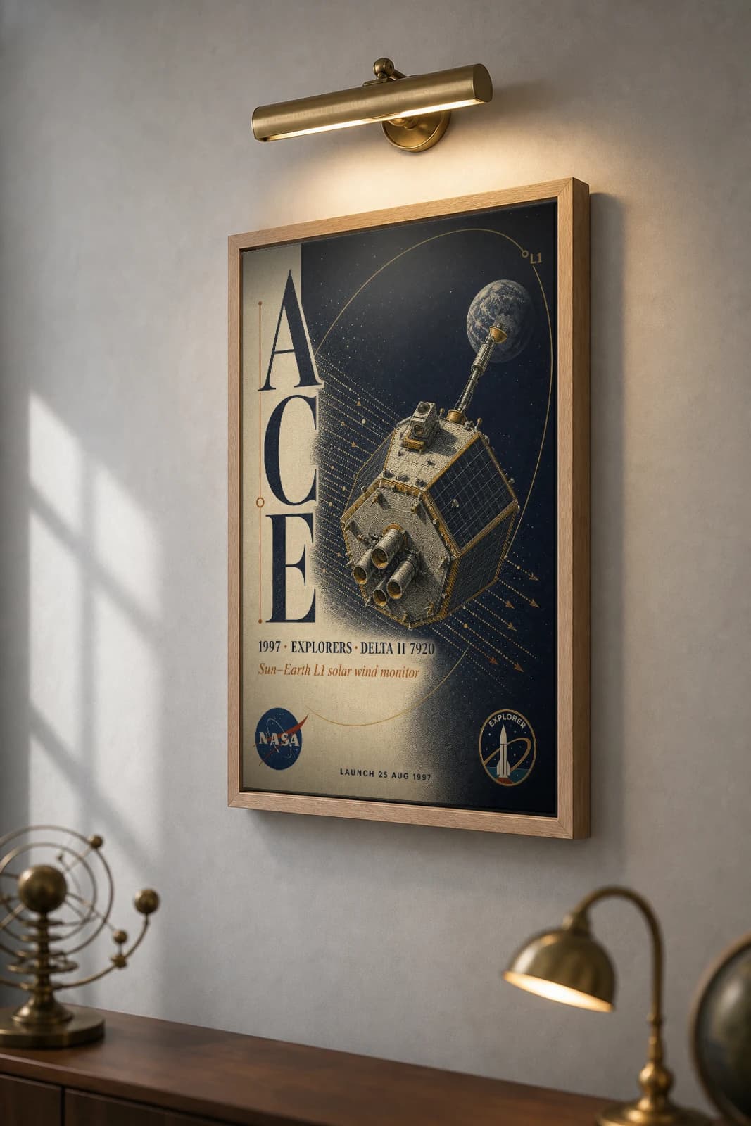 ACE Poster — 1997 Sun–Earth L1 Solar Wind Monitor NASA Heritage Collector Print — the framed print shown at a three-quarter angle on a styled gallery wall in a natural-oak frame