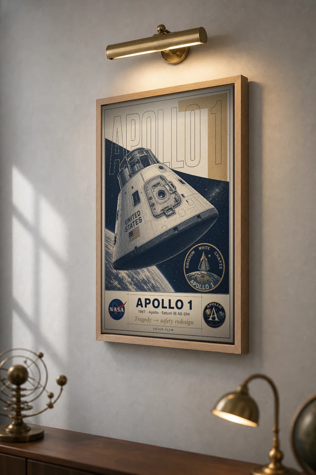 Apollo 1 Poster — 1967 AS-204 Crew Memorial Safety Redesign NASA Heritage Collector Print — the framed print shown at a three-quarter angle on a styled gallery wall in a natural-oak frame