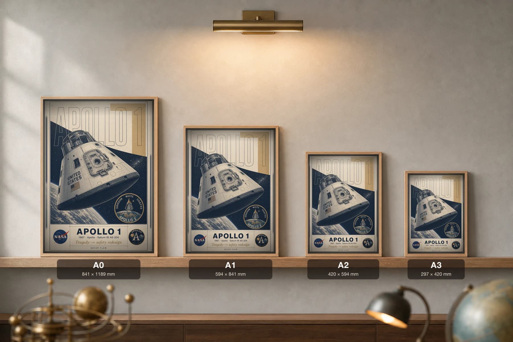 Apollo 1 Poster — 1967 AS-204 Crew Memorial Safety Redesign NASA Heritage Collector Print — print size guide showing the artwork at A0, A1, A2 and A3 in natural-oak frames at true relative scale