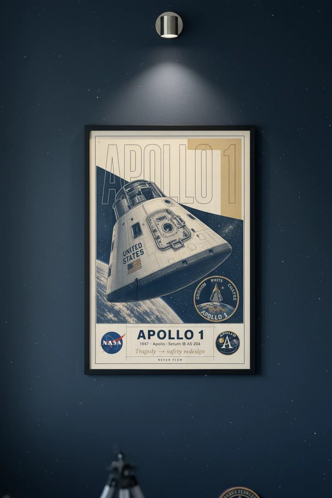 Apollo 1 poster in black A2 frame on deep-navy-memorial-diagonal deep space navy wall — NASA Heritage collector study mockup
