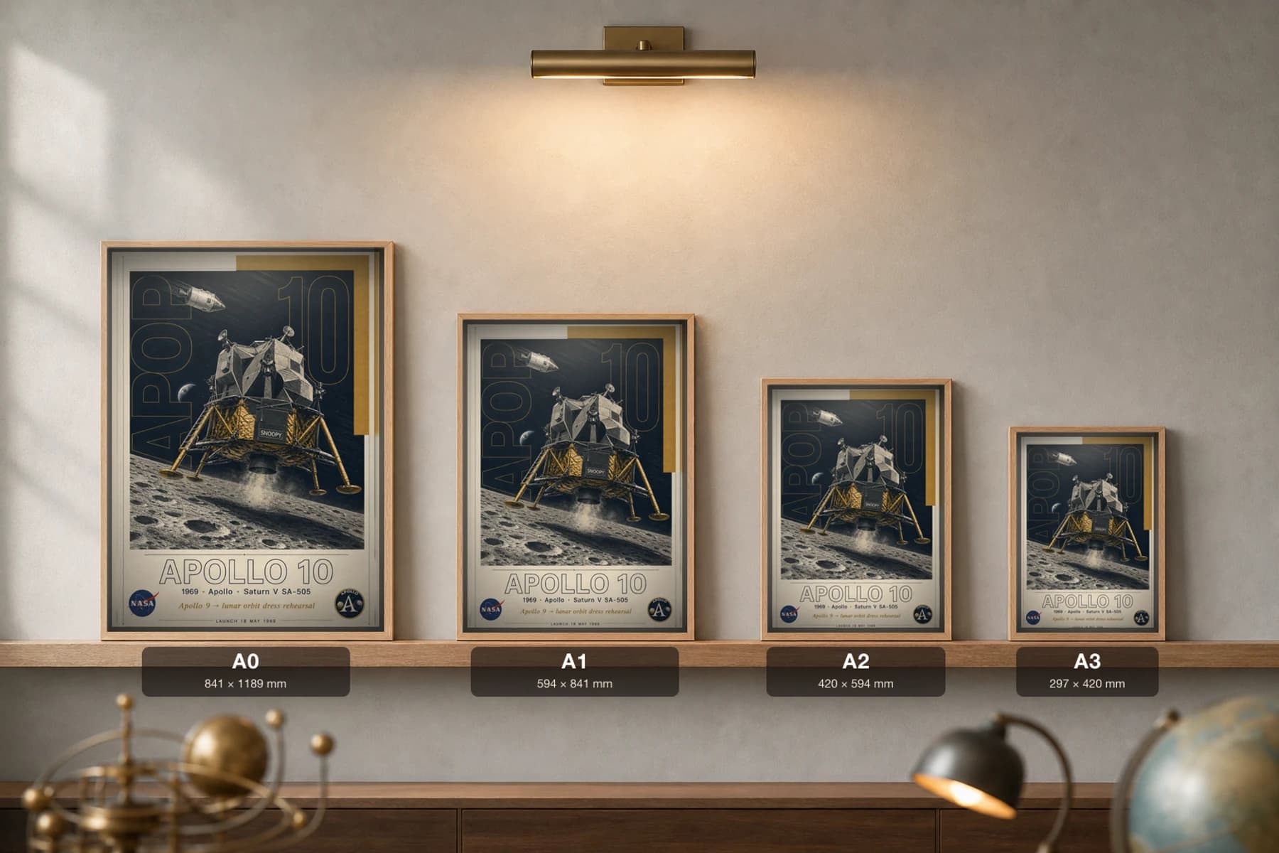 Apollo 10 Poster — 1969 Snoopy LM Lunar Rehearsal NASA Heritage Collector Print — print size guide showing the artwork at A0, A1, A2 and A3 in natural-oak frames at true relative scale