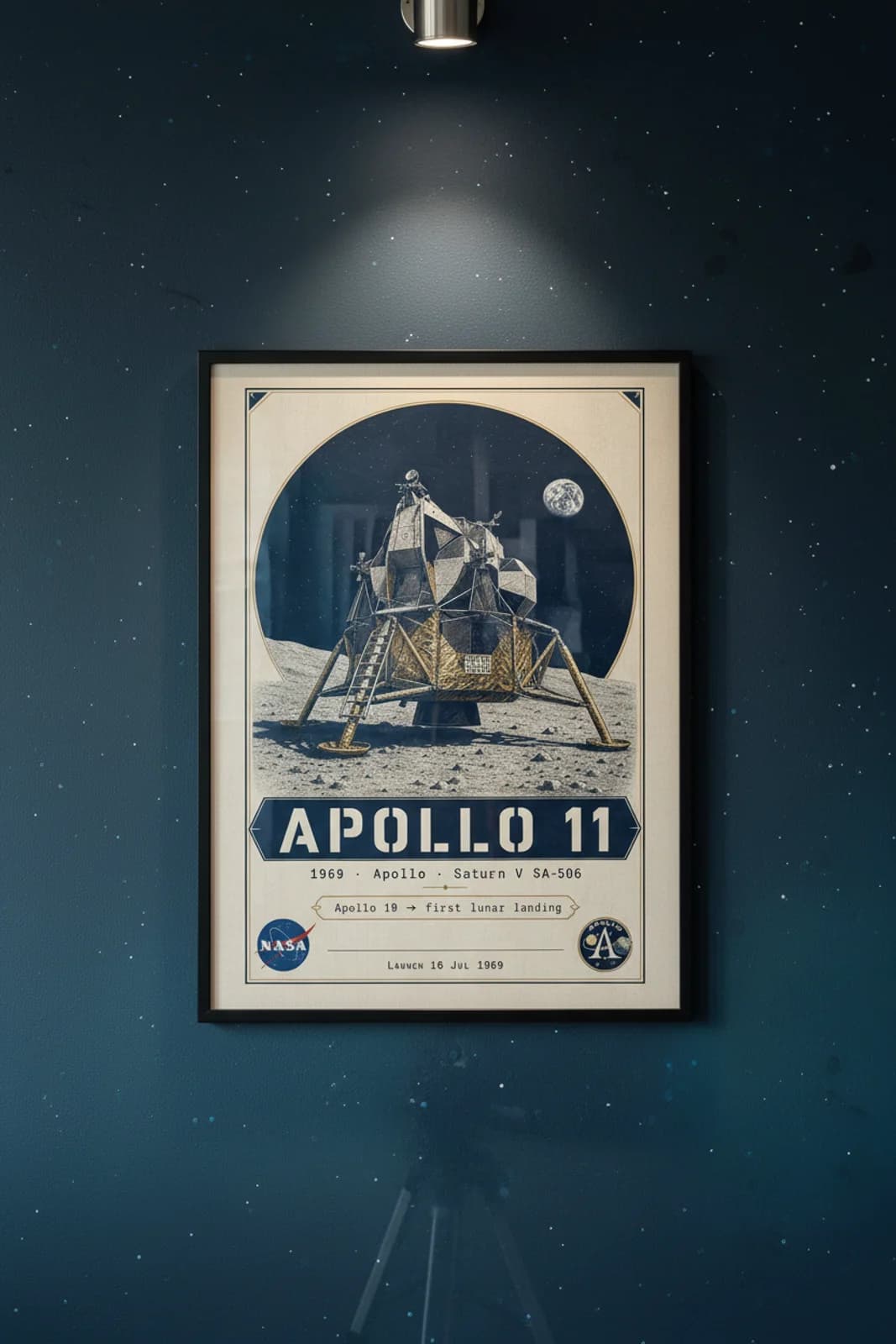 Apollo 11 — NASA Heritage Collector poster in black A2 frame on deep-navy-space deep space navy wall — NASA Heritage collector study mockup