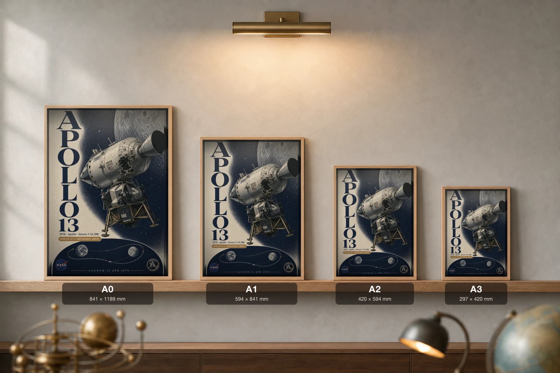 Apollo 13 Poster — 1970 Saturn V SA-508 NASA Heritage Collector Print — print size guide showing the artwork at A0, A1, A2 and A3 in natural-oak frames at true relative scale