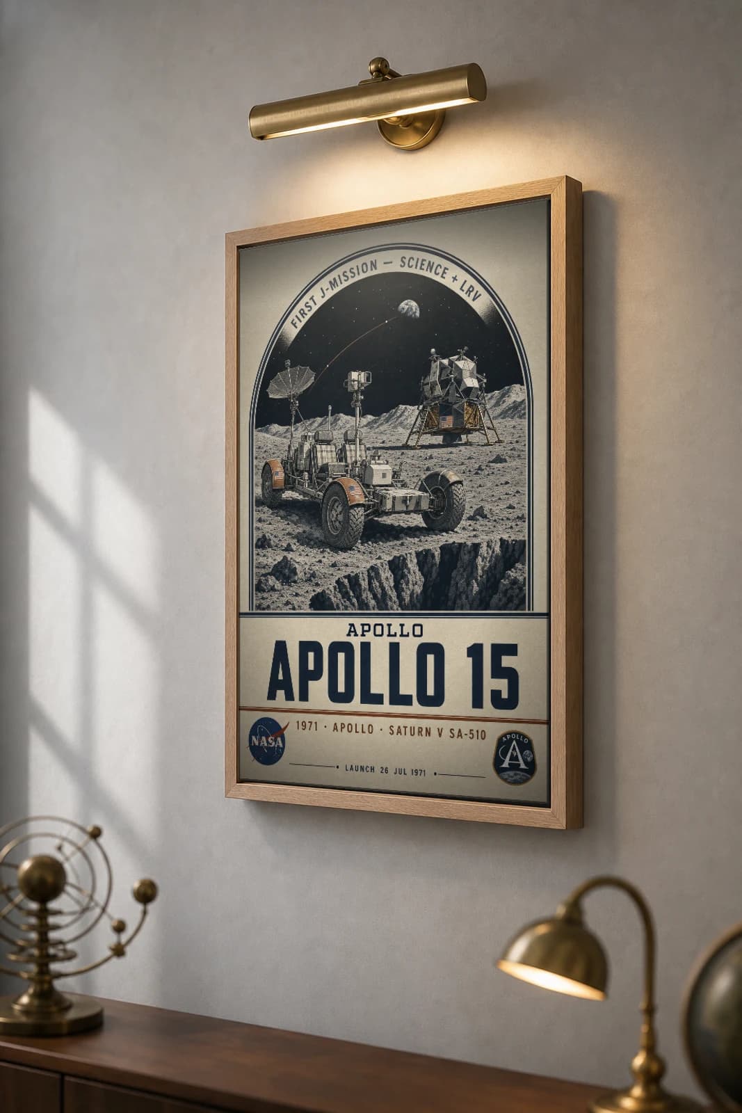 Apollo 15 Poster — 1971 LRV Hadley Rille Falcon LM NASA Heritage Collector Print — the framed print shown at a three-quarter angle on a styled gallery wall in a natural-oak frame