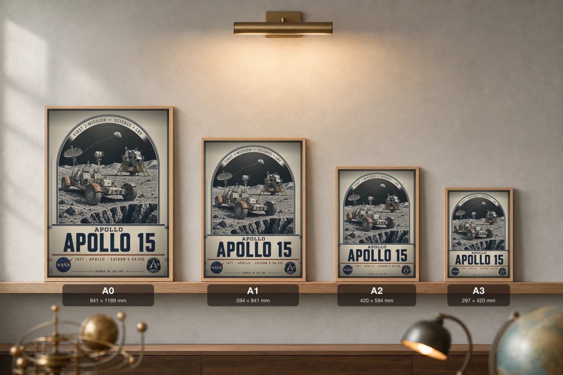 Apollo 15 Poster — 1971 LRV Hadley Rille Falcon LM NASA Heritage Collector Print — print size guide showing the artwork at A0, A1, A2 and A3 in natural-oak frames at true relative scale