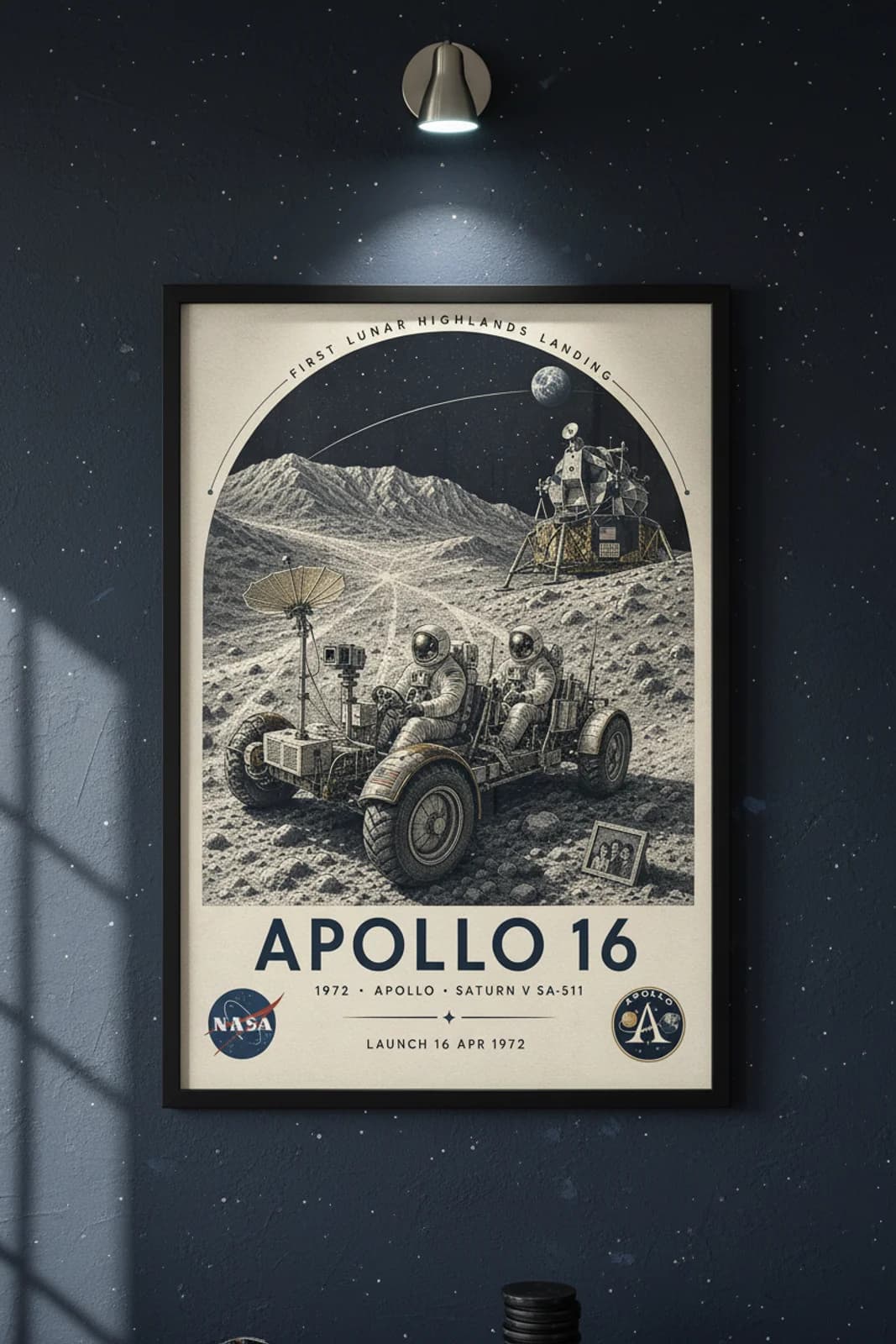 Apollo 16 poster in black A2 frame on deep-navy-star-field deep space navy wall — NASA Heritage collector study mockup