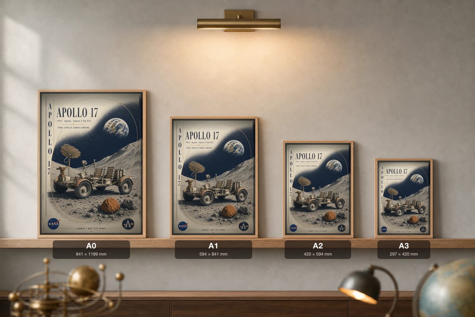 Apollo 17 Poster — 1972 Saturn V SA-512 NASA Heritage Collector Print — print size guide showing the artwork at A0, A1, A2 and A3 in natural-oak frames at true relative scale