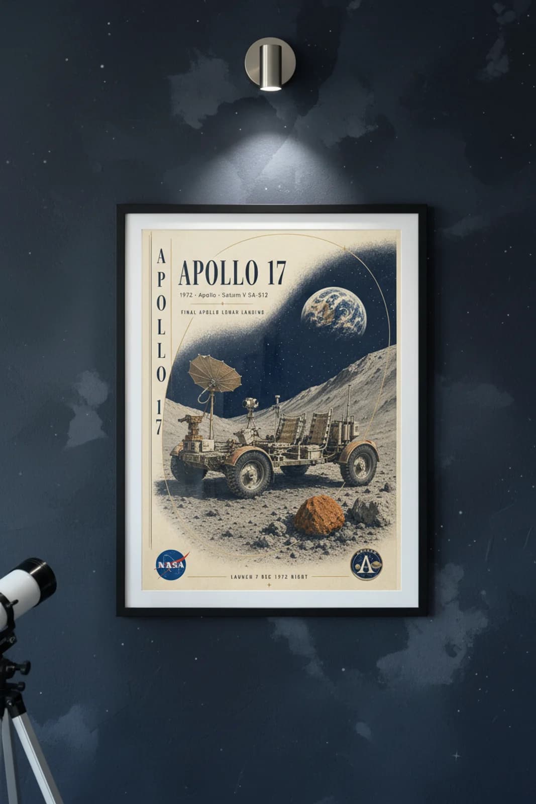 Apollo 17 — NASA Heritage Collector poster in black A2 frame on lunar-regolith-grey deep space navy wall — NASA Heritage collector study mockup