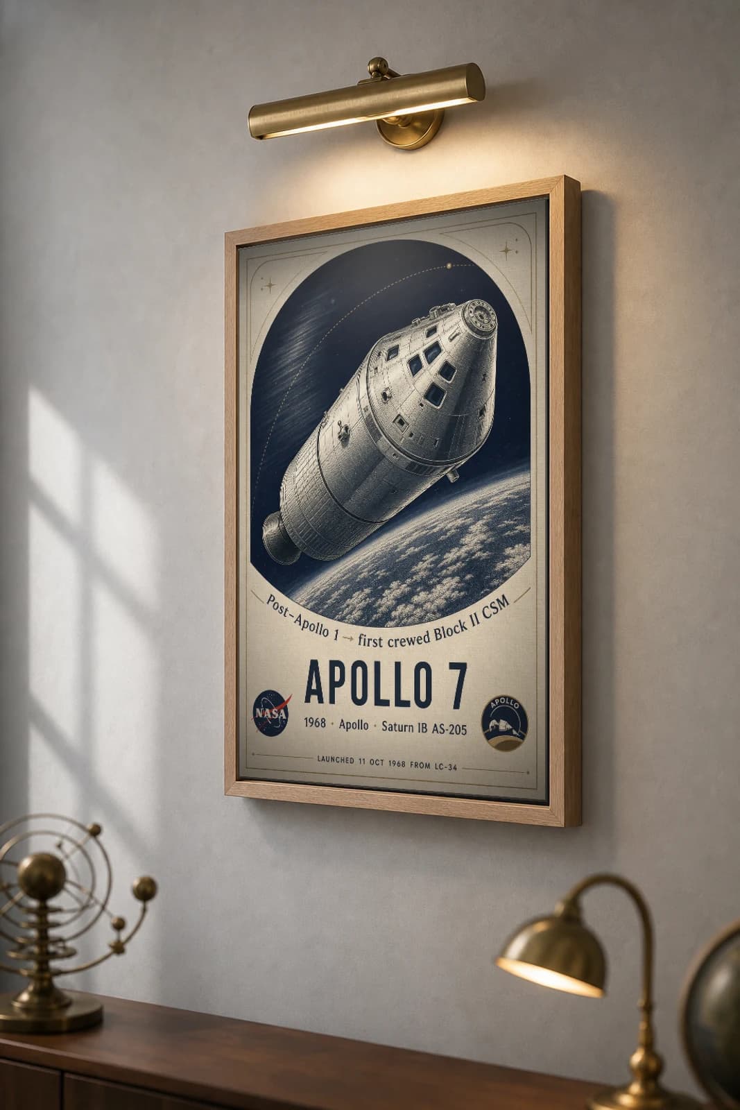 Apollo 7 Poster — 1968 Block II CSM Saturn IB NASA Heritage Collector Print — the framed print shown at a three-quarter angle on a styled gallery wall in a natural-oak frame