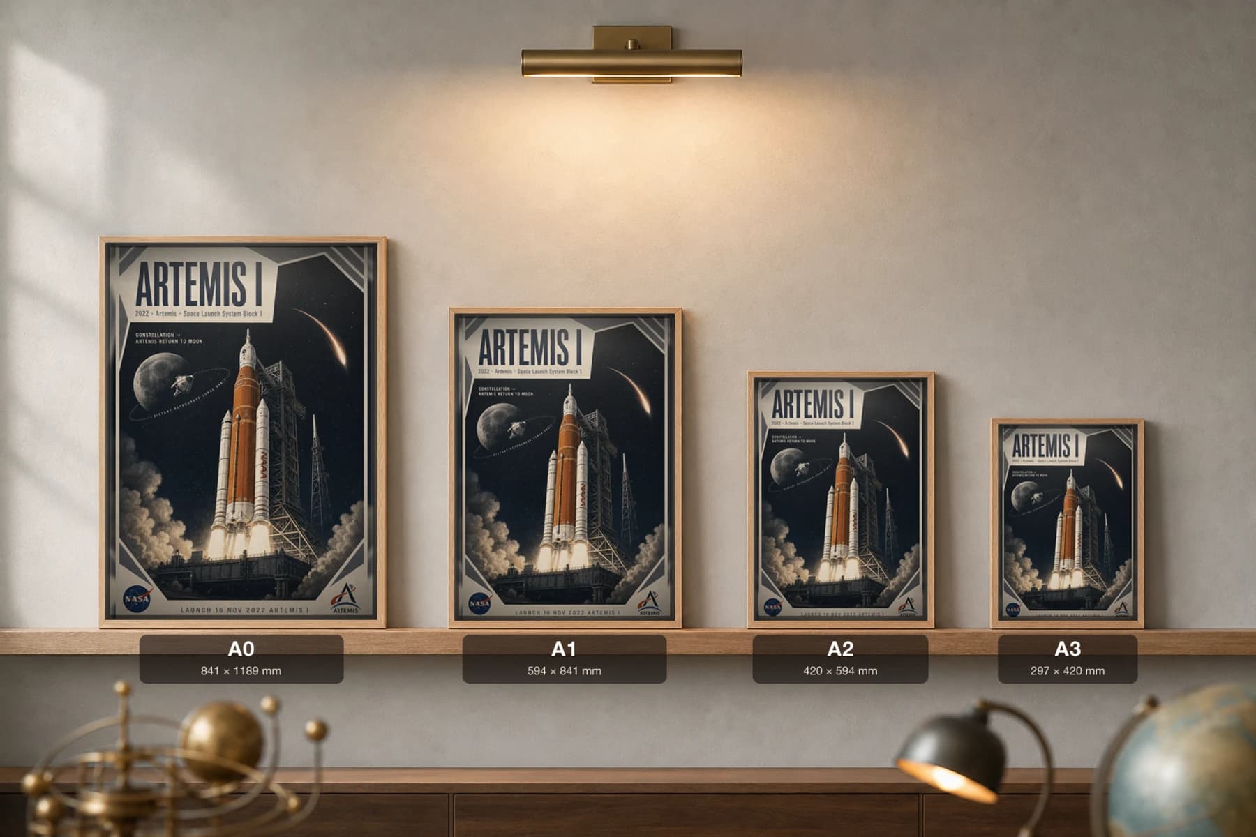 Artemis I Poster — 2022 SLS Orion Uncrewed Lunar Flight NASA Heritage Collector Print — print size guide showing the artwork at A0, A1, A2 and A3 in natural-oak frames at true relative scale