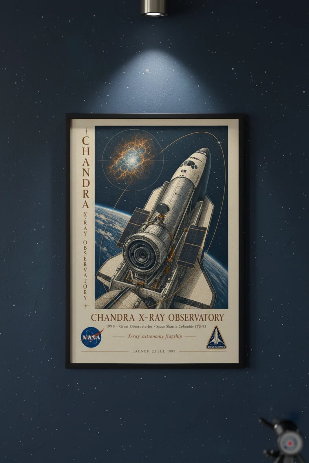 Chandra X-ray Observatory — NASA Heritage Collector poster in black A2 frame on deep-space-navy deep space navy wall — NASA Heritage collector study mockup