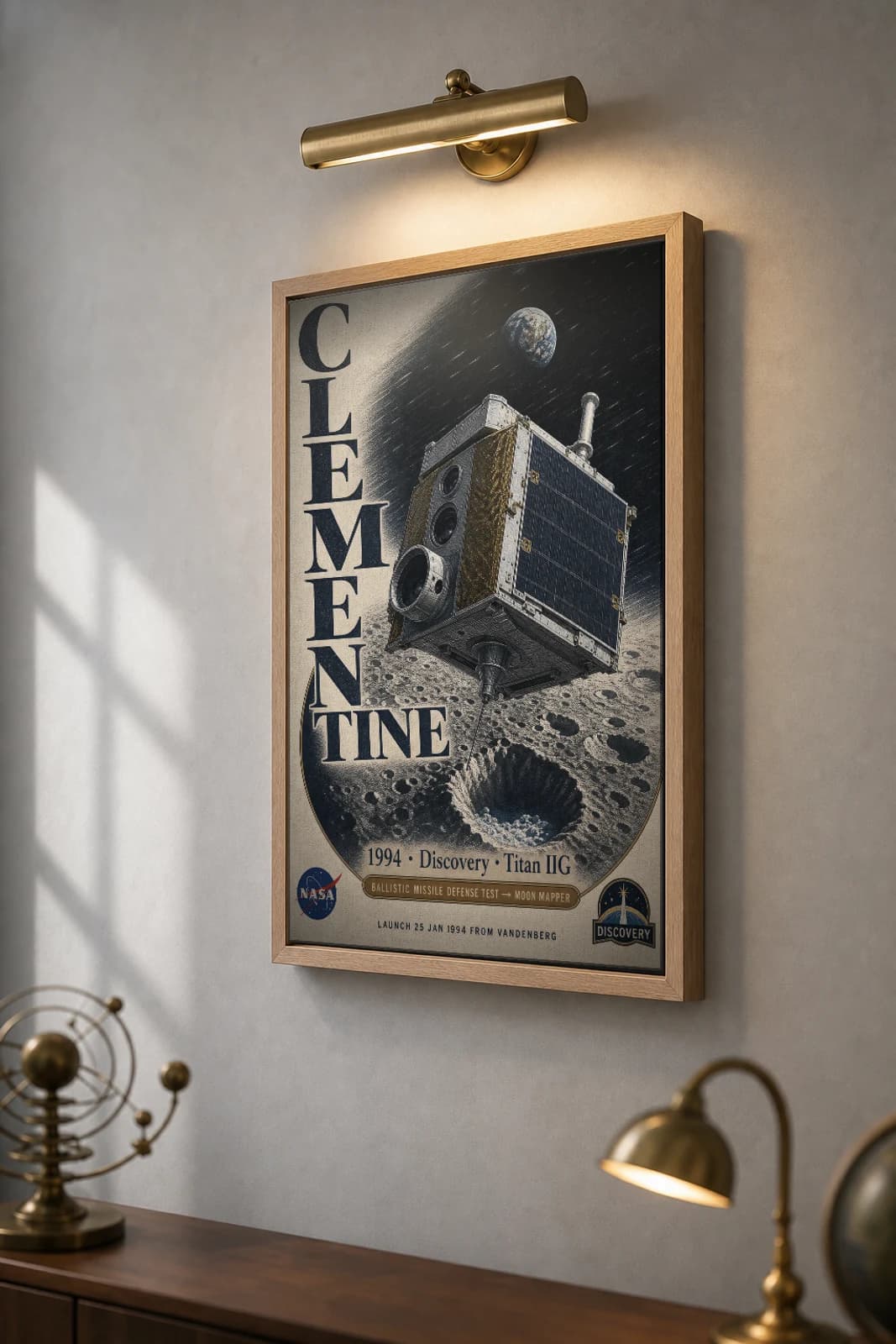 Clementine Poster — 1994 Titan IIG South Pole Lunar Mapper NASA Heritage Collector Print — the framed print shown at a three-quarter angle on a styled gallery wall in a natural-oak frame