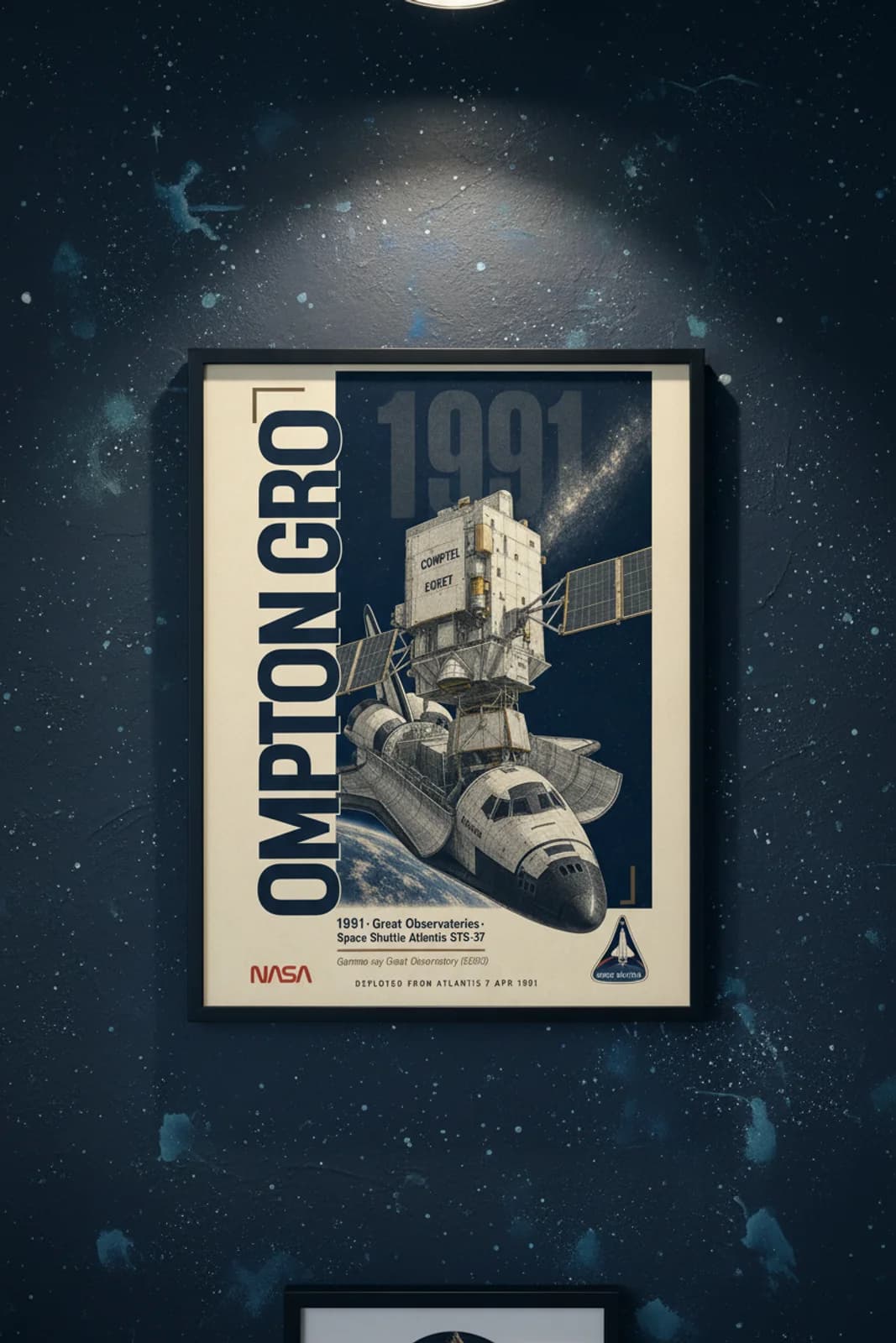 Compton GRO poster in black A2 frame on deep-navy-space deep space navy wall — NASA Heritage collector study mockup