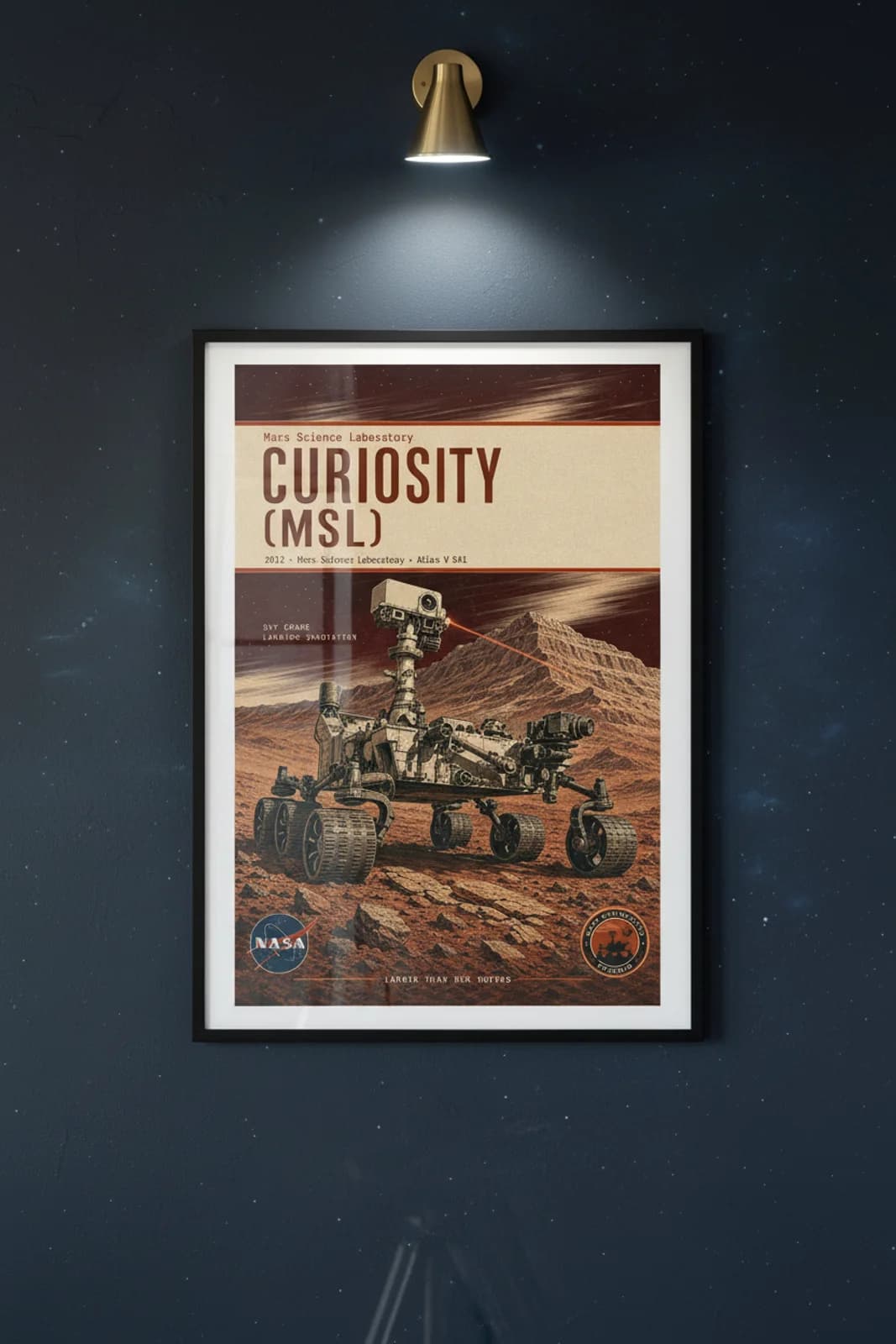 Curiosity (MSL) poster in black A2 frame on chemcam-laser-red deep space navy wall — NASA Heritage collector study mockup