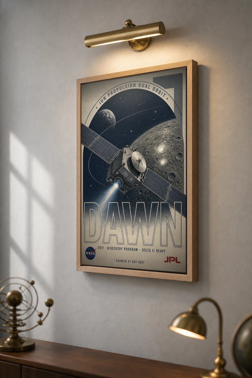 Dawn Poster — 2011 Vesta Ceres Ion Propulsion NASA Heritage Collector Print — the framed print shown at a three-quarter angle on a styled gallery wall in a natural-oak frame