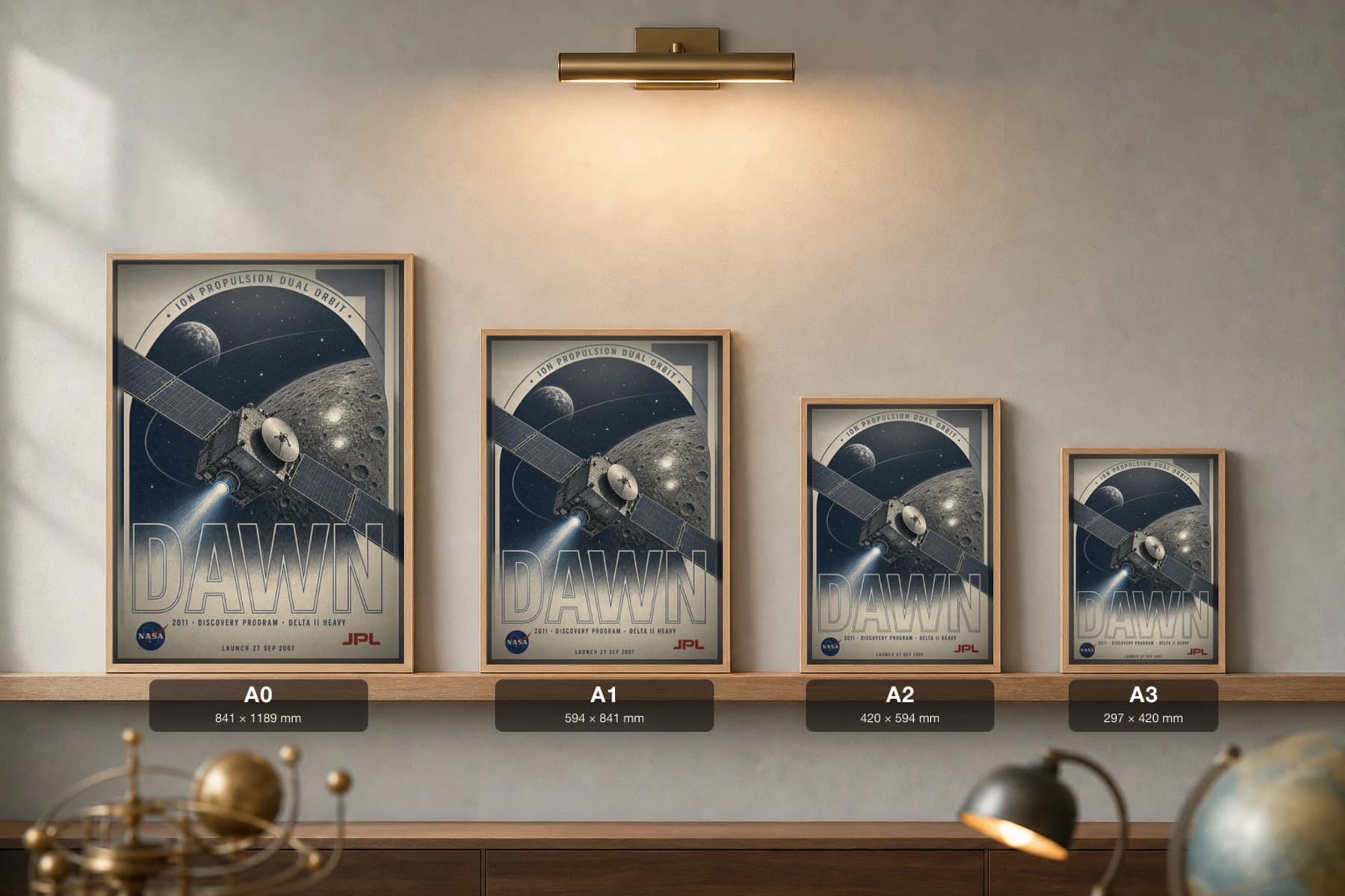 Dawn Poster — 2011 Vesta Ceres Ion Propulsion NASA Heritage Collector Print — print size guide showing the artwork at A0, A1, A2 and A3 in natural-oak frames at true relative scale